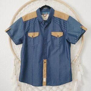 Entree LS Men's Denim Western Faux Leather Button Down Short Sleeve Shirt Large